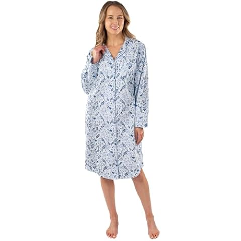 Patricia Lingerie Cozy Full-Length Floral Nightgown for Women – Long Sleeve, Soft Cotton Blend Sleepwear with Elegant Floral Print, Button Front, and Relaxed Fit for All-Night Comfort, Blue, Medium Cover