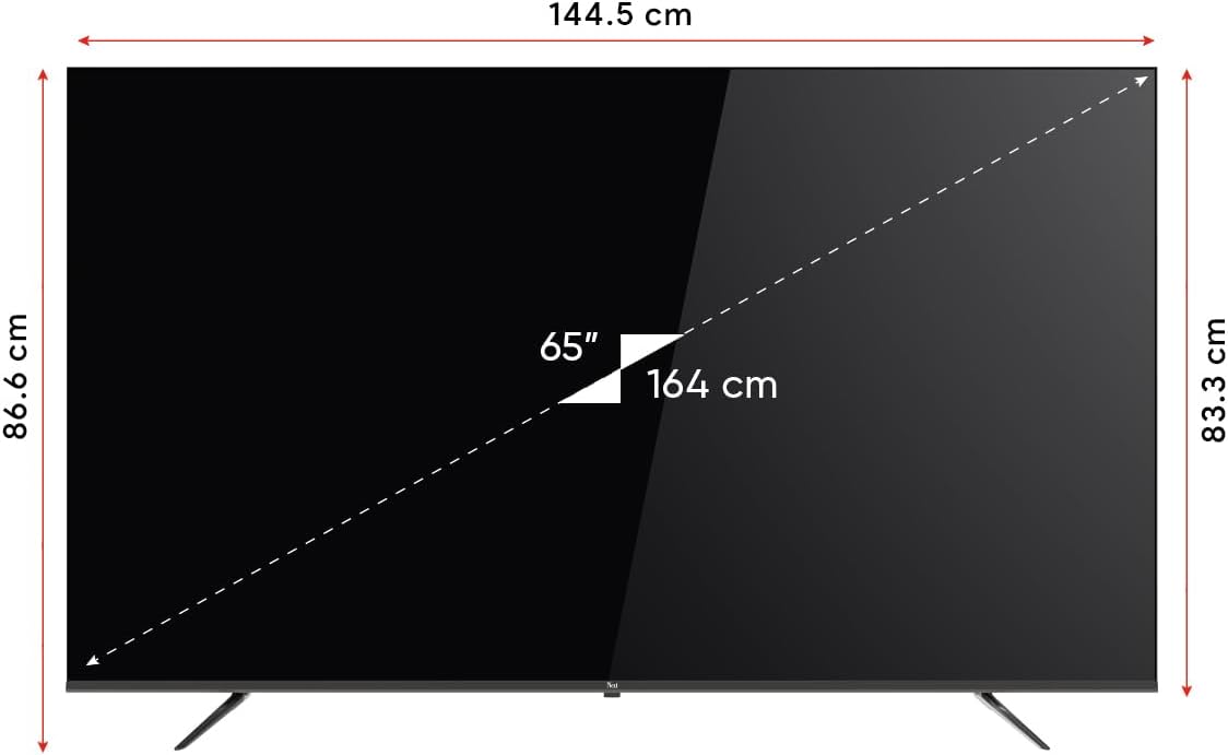 Diagram showing the dimensions of the Next YE-65GFSG8-QLED 65-inch TV