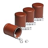 Leather Dice Cup Set Felt Lining Quiet Shaker with 5 Dot Dices for Farkle Yahtzee Games,4 Pack (Brown)