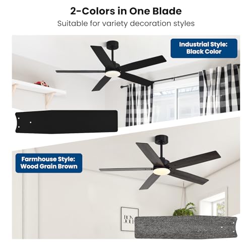 Image of Modern 52 Inch Ceiling Fans with Lights and Remote for Bedroom Living Room Kitchen Home Office Indoor /Outdoor, 18W 3CCT Dual Color 5 Blades 6 Speed Reversible Quiet DC Motor, Black /Wood Grain