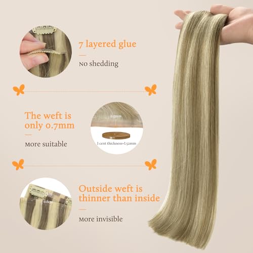 Image of DOORES Human Hair Extensions Clip in, Light Brown Highlighted Medium Blonde 110g 7pcs 22 Inch, Seamless Clip in Hair Extensions Remy Hair Thin Weft Straight Hair Invisi Edge Hair Extensions