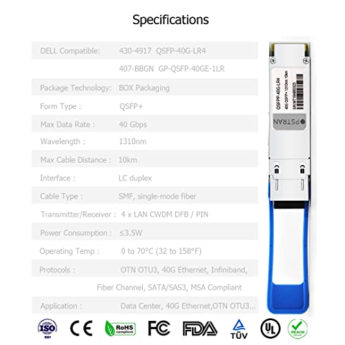 Image of 40GBASE-LR4 QSFP+ Optical Transceiver Module Compatible with Dell Force10 430-4917 QSFP-40G-LR4 407-BBGN GP-QSFP-40GE-1LR 40G QSFP+ LR4 1310nm 10km DDM Duplex LC SMF