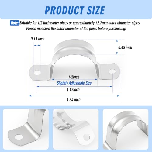 Image of Yaocom 100 Pcs 1 /2 Inch Opening Pipe Strap 304 Stainless Steel Conduit Clamp Reinforced Rigid 2 Hole U Bracket for Pipe Fixing on Various Surfaces