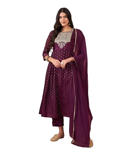 Image of INDO ERA Silk Wine A-Line Embroidered Kurta Trouser With Dupatta Set For Women