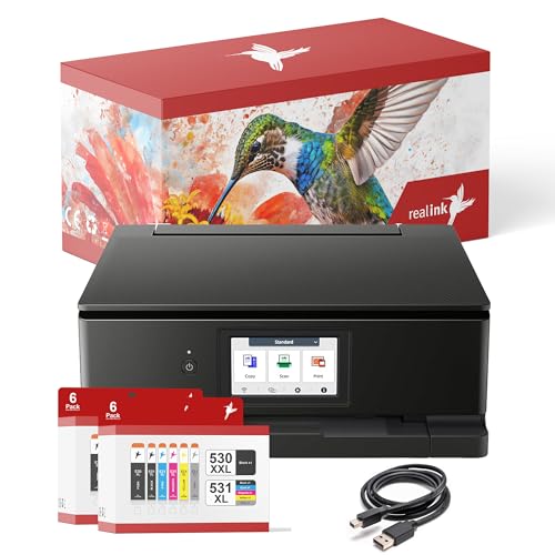 realink Set aus Multifunktionsdrucker TS8750 (Drucker Scanner Kopierer) inklusive 12 Druckerpatronen kompatibel für Canon TS8750