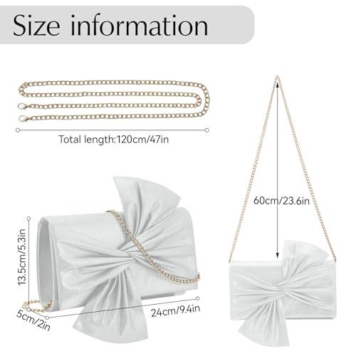 Women's Satin Bow Clutch Bag Vintage Shiny Evening Handbag for Wedding, Bridal Party & Formal Events (Silver) — view 4