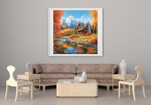 Image of Moohue 14ct Counted Cross Stitch Kits for Adults Mountains House Trees Printed Stamped Cross Stitch Patterns Kits Cross Stitch Supplies (Mountains House Trees)