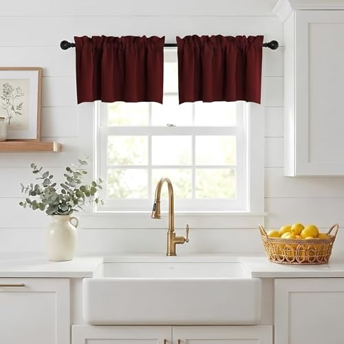NICETOWN Red Christmas Valance for Windows Rod Pocket Blackout Window Valance Curtains for Kitchen Bathroom, Bedroom, Small Curtains for Living Room Decor, 42 x 18 inch Long, 1 Panel