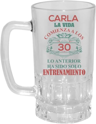 Kembilove® Jarra de Cerveza Personalizada con Nombre y Edad | Cristal 500ml con Asa | Frase Divertida “La Vida Comienza a los 30” | Regalo Original Cumpleaños Hombre Mujer | Detalle Personalizado