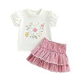 TUSFTAY Toddler Baby Girl Summer Clothes Cute Floral Short Sleeve Tee Shirts and Plaid Skirt Set 2PCS Little Kids Outfit (Pink, 3-4T)
