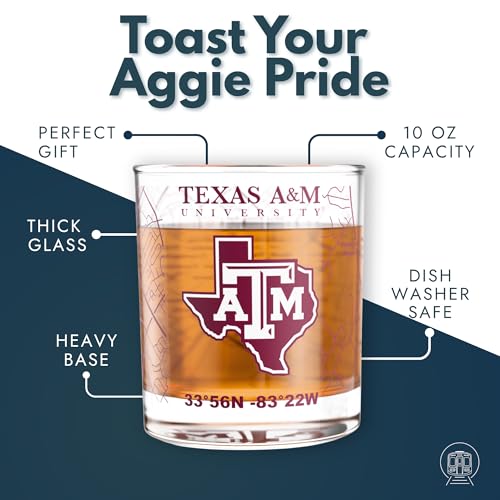 Image of Greenline Goods - University of Texas A&M Aggies College Whiskey Glasses (Set of 2), 10 oz - Full-Color Logo + Campus Map