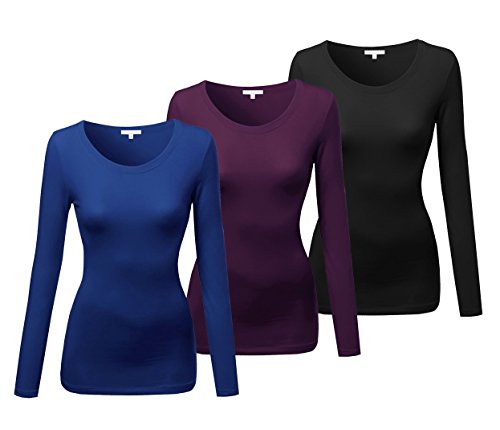 Emmalise Women's Basic Athletic Fit Tshirt Long Sleeves Round Crew Neck Tee (3Pk Royal, Purple, Black, Medium)