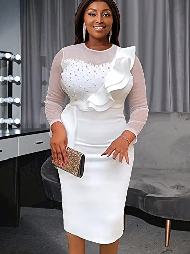 Image of ONTINVA Women's Mesh Crewneck Patchwork Bead Long Sleeve Irregular Peplum Knee Length Dress
