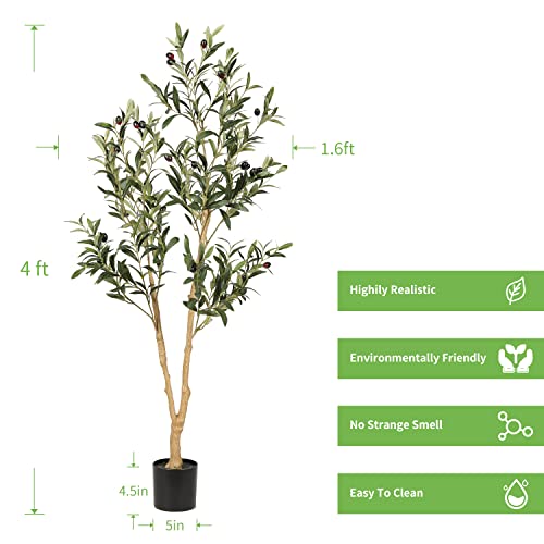Realead 4ft Artificial Olive Tree, Fake Potted Olive Silk Tree, Tall Faux Olive Plants for Living Room Balcony Corner Home Office Decor