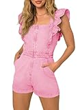 PLNOTME Women's Cute Denim Rompers Cotton Ruffle Cap Sleeve Square Neck Zip Up Jeans Short Jumpsuits, X-Large, Light Pink