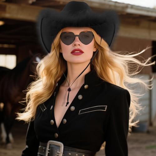 Image of DRESHOW Cowboy Hat for Women and Men Wide Brim Western Cowboy Cowgirl Hat with Belt Buckle Unisex Rolled up Caps