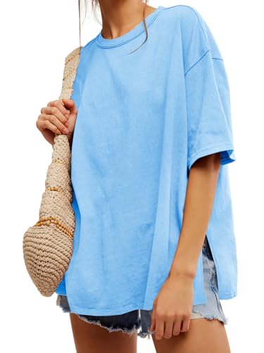 Image of Tankaneo Womens Oversized Tshirts Summer Casual Short Sleeve Crew Neck T Shirt Loose Fit Side Slit Tee Tops