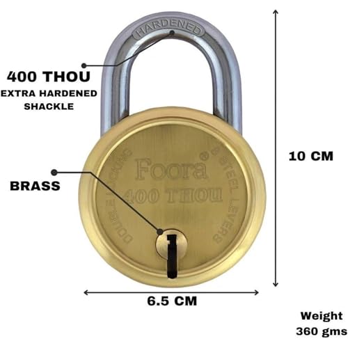 Image of Foora 5 Keys 400 Thou Gold 65mm Padlock, 8 Lever Double Locking System, Hardened Shackle, Gold Finish Lock for Door, Gate & Shop Security