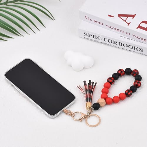 Image of BAOSIWA Silicone Key Ring Bracelet Wristlet Keychain Unique Beaded Bangle Key Chains for Women with Leather Tassel