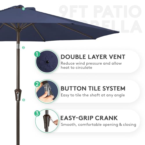 Image of JEAREY 9FT Outdoor Patio Umbrella Outdoor Table Umbrella with Push Button Tilt and Crank, Market Umbrella 8 Sturdy Ribs UV Protection Waterproof for Garden, Deck, Backyard, Pool (Purplish Blue)