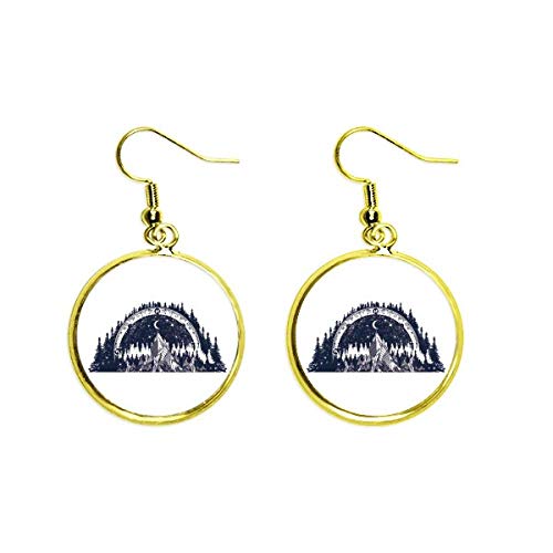 Pendientes largos chapados en oro con diseño de bosque y luna cósmica artística