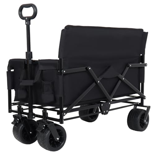 Image of 3-in-1 Convertible Folding Wagon Cart with Bench Seat & Storage - 500lbs Heavy-Duty Utility Wagon, 180L Capacity All-Terrain Wheels for Camping, Beach, Sports, Garden (Black)