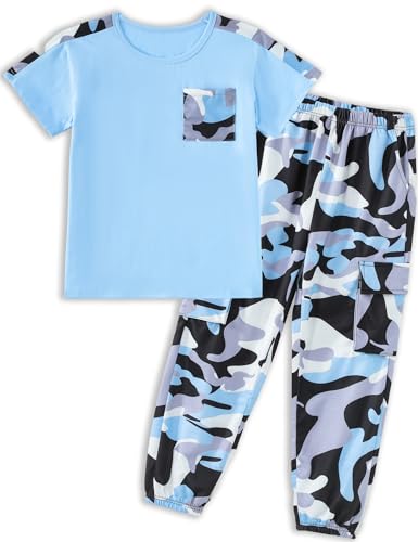 Image of mksodopy Boys Clothes Outfits Set, Camo Cargo Pants and Short Sleeve Pocket Tee 2PC Summer Tracksuit for Kids 5-16Y