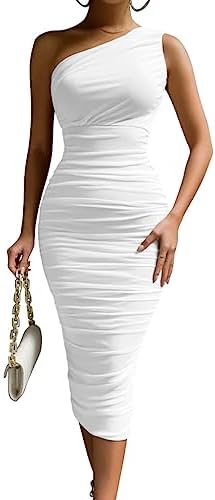 LAGSHIAN Women&#39;s Sexy Bodycon One Shoulder Sleeveless Ruched Midi Club Party Dress