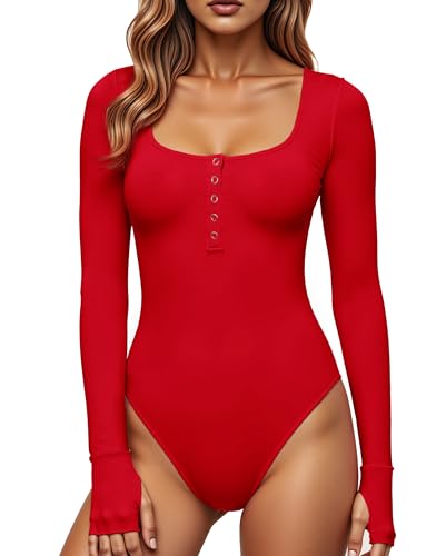GJY Body para Mujer,Cierre de Botón a Presión Cuello Redondo Manga Larga Casual Slim Corte Jumpsuit,Camisas Tops, Kandis Red, XXL