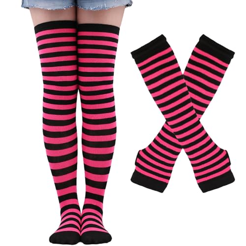 Image of Black and White Striped Arm Leg Warmers Sleeves Set Rainbow Socks Knee High Fingerless Gloves Hand Thigh Warm