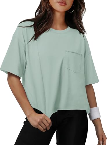ATHMILE Shirts for Teens Girls Oversized T-Shirts Short Sleeve Workout Crop Tops Casual Drop Shoulder Boxy Roll Hem Basic Loose Tees Graygreen