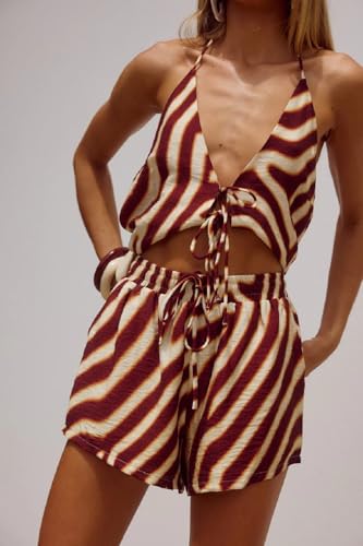 Image of ROAONOCOMO Women Tie Front Shorts Set V Neck Halter Cami Top Y2K 2 Piece Pj Set Graphic Summer Beach Lounge Outfit