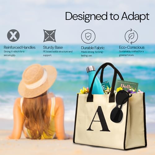 Image of Salt Earth Canvas Tote Bag for Women, Personalized Initial Monogram Tote, Beach Grocery Utility Tote for Travel & Work