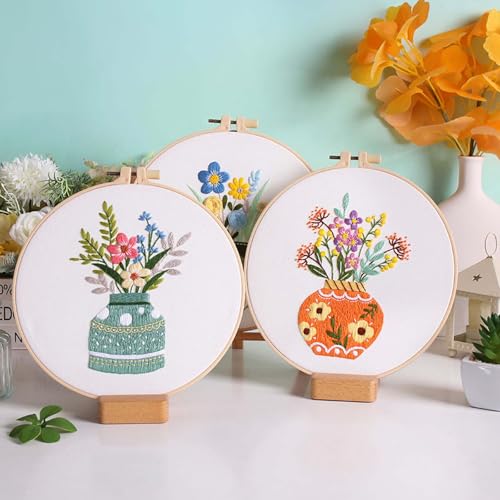 Image of GLTAYLMY 3 Pack Embroidery Starter Kit with Pattern, Stamped Cross Stitch Kits for Beginners Adults with Embroidery Hoop and Instructions, Hand Embroidery Kit