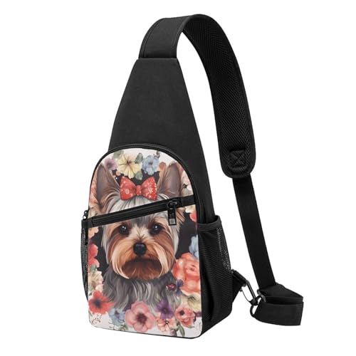 Sling Bag for Women Men Crossbody Shoulder Bag Yorkie Floral Chest Bag Small Sling Backpack Daypack Fanny Packs - Main Image