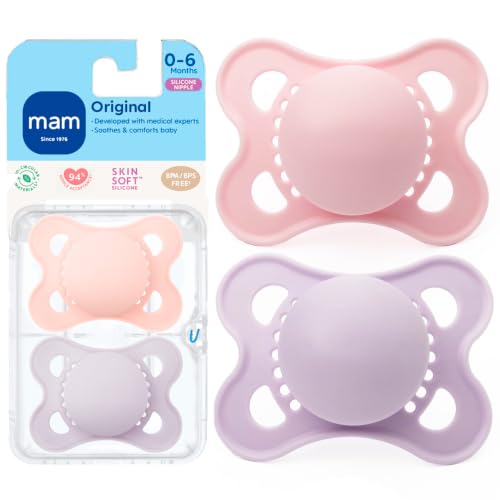 Image of MAM Original Baby Pacifier 0-6 Mths, Skin Soft Silicone Nipple, 2 Pack | For Newborn Babies, BPA-Free Skin Soft Silicone Nipple, Developed With Medical Experts, With Sterilizer Case, Made In Europe