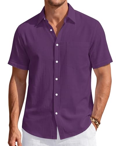 Image of J.VER Mens Linen Shirt Short Sleeve Button Down Casual Summer Shirts | Cotton Linen, Untucked, Big Tall, from Beach Camp Vacation, Cruise Fishing, Work Office, to Wedding Party Family, with Pocket