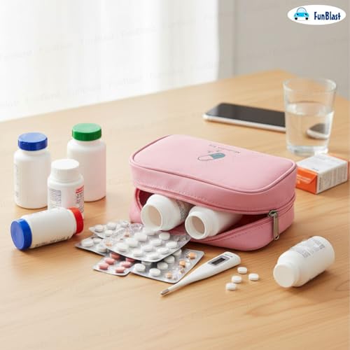 Image of FunBlast Portable Medicine Bag - Mini First Aid Travel Bags, Medicine Storage Bag, Pill Organizer, Zippered Medicines Bag for School, Travel, Camping (Pink)