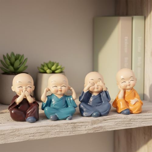 Image of Set of 4 Buddha Monks Cute Miniature Statues Figurines Showpiece for Car Dashboard Wall Shelf Table Desktop | Living Room Decoration Home Office Decor (Multicolor)
