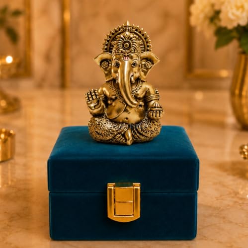 Image of Gold Art India Lord Ganesha Idol with Premium Velvet Gift Box | Decorative Ganpati Murti for Home Temple, Office Desk, Car Dashboard & Spiritual Gifting