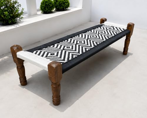 Image of Handwoven Wooden Bench | Traditional Rope Charpai Stool | Solid Wood Frame Seating for Living Room, Balcony & Outdoor | Durable & Stylish Design (Black & White Finish)