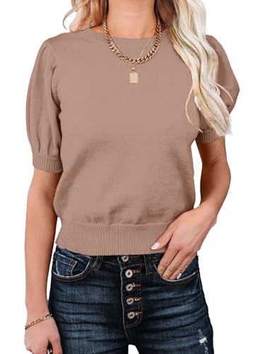 Image of Womens Puff Short Sleeve Sweater Tops Crewneck Basic Knit Pullover Lightweight Casual Sweaters