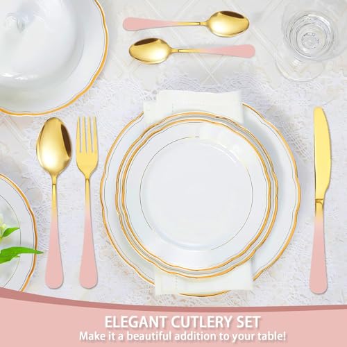 Image of 24 Pieces Flatware Set, Stainless Steel Cutlery Set with Silverware Holder, Modern Gold Silverware Set Includes Dinner Knives Forks Spoons,Hanging Silverware (Pink)