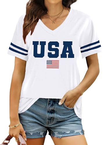 American Flag Shirts Women Patriotic Shirt 4th of July Tee Tops V-Neck Short Sleeve Summer T-Shirt