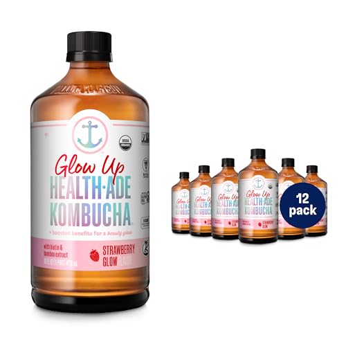 Health-Ade Kombucha Tea Organic Drink, Fermented Tea with Living Probiotics, Detoxifying Acids, Supports Gut Health, Non-GMO, Vegan, Gluten Free, 12 Pack (16 Fl Oz Bottles), Strawberry Glow