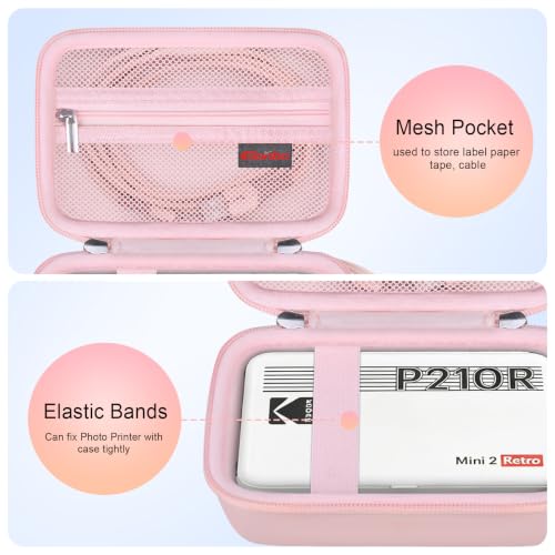Image of Elonbo Carrying Case for KODAK Mini 2 Retro 2x3 Portable Photo Printer | Bluetooth Smartphone Instant Color Printer Hard Travel Protective Bag, Mesh Pocket fits Cartridge Photo Paper Sheets, Pink