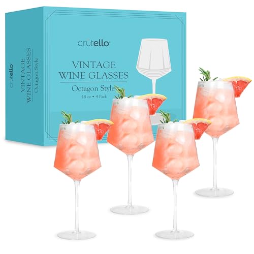 Crutello Vintage Wine Glasses, Set of 4-18 oz, Ribbed, Art Deco Glassware