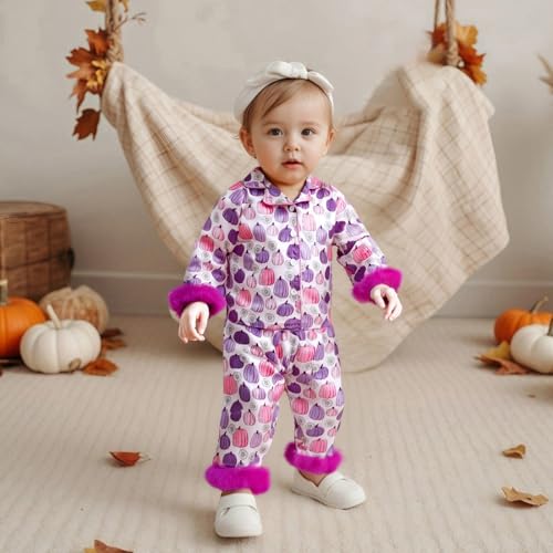 L&ieserram Girls Halloween Pajamas Set Long Sleeve Pumpkin Print Fur Cuffs Tops and Pants Set Sleepwear (Purple, 2-3 Years) - Image 2
