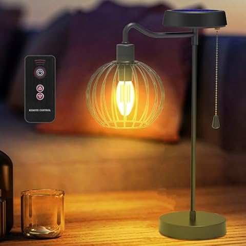 YUMAMEI Solar Table Lamp, Cordless Table Lamp Outdoor Waterproof, Solar Lanterns Outdoor Waterproof, Outdoor Table Lamp with Pull Chain and Remote for Outside Patio Garden Yard Indoor Gazebo Terrace Cover