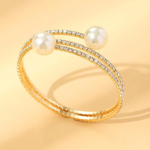 GIGB PBDK Gold Cubic Zirconia Pearl Bracelet for Women Vintage Chunky Crystal Rhinestone Cuff Wedding Bangles Adjustable Sparkly Tennis Bracelet Bride Jewelry3